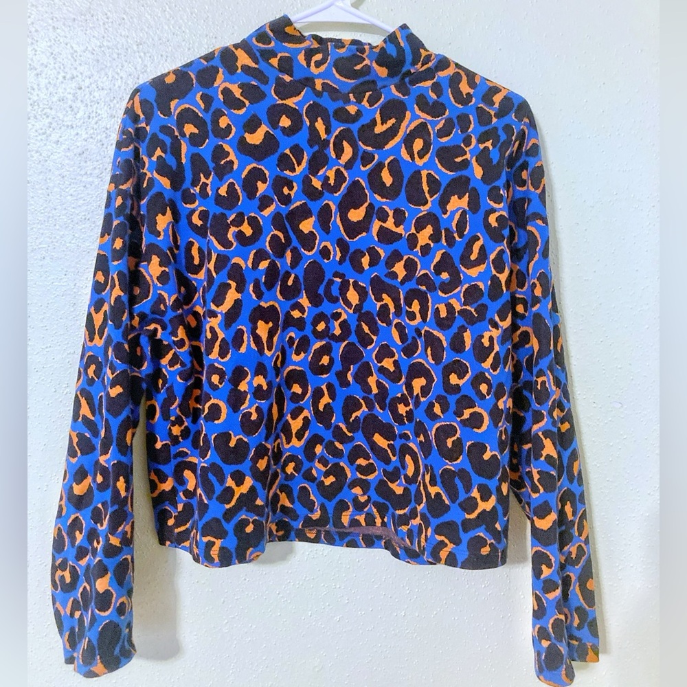 Zara Blue Orange Leopard Jacquard Long Sleeve Top EUC Sz M